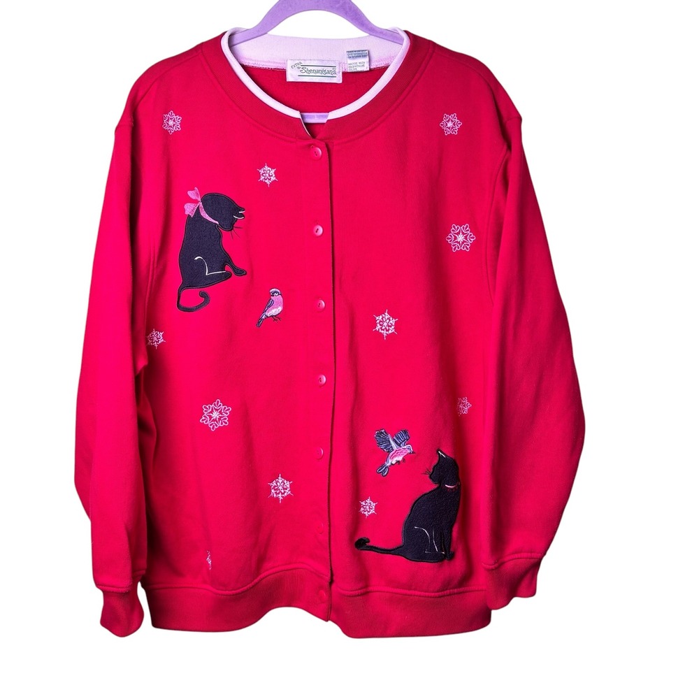 Vintage Extra Shenanigans Red Cat Bird Snowflake Button Up Cardigan‎ Sweater 1X